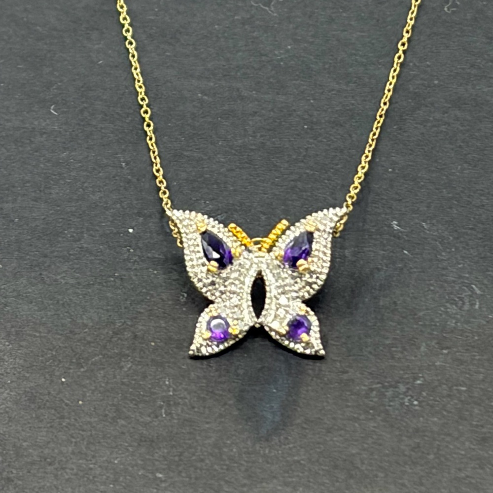 Sterling Silver Gold Vermeil Butterfly Necklace Amethyst CZ 18”